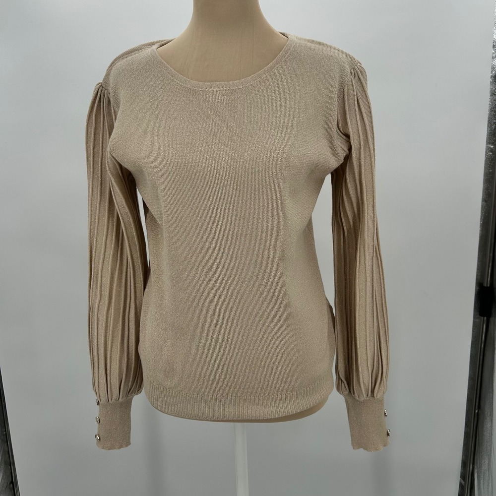 Nanette Lepore Metallic Champagne Gold Pleated‎ Puff Sleeve Knit Sweater Small